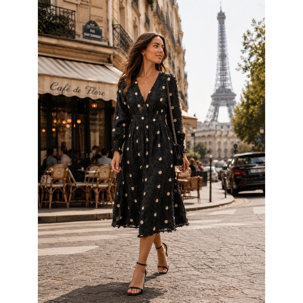 Zara Black Polka Dot Textured Midi Dress V-Neck Long Sleeve Smocked Waist Medium
